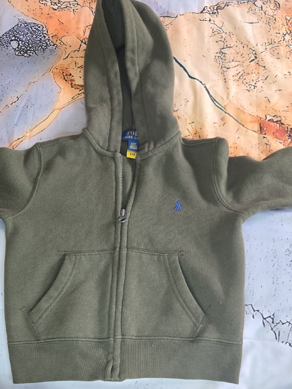 Ralph Lauren Olive Green Kids Zip Hoodie with Blue Polo Pony